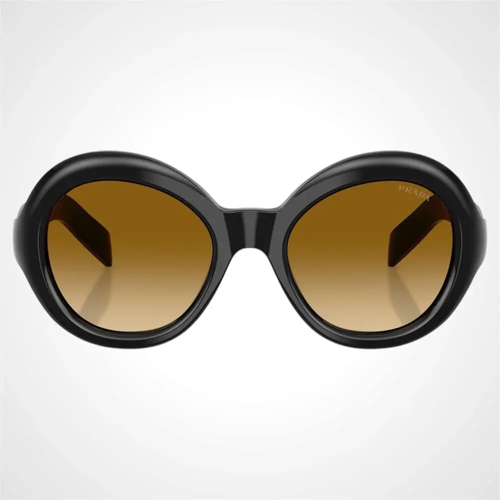 New PRADA Sunglasses Black Round Frame Yellow Brown Lens Women's - Picture 2 of 6